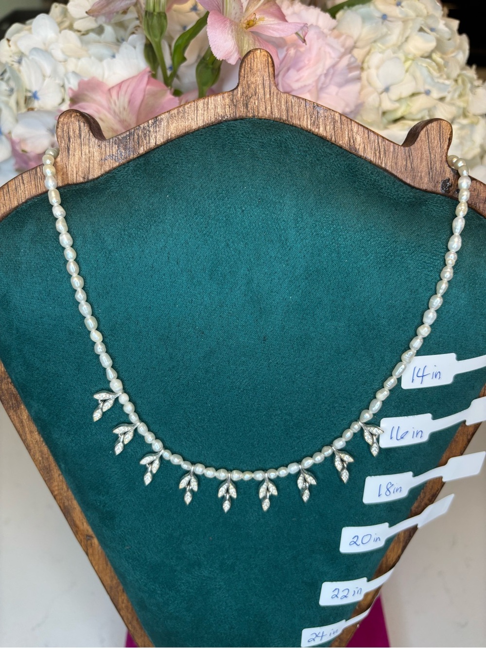 Vintage Napier Pearl and Crystal Leaf Necklace - White Pearls with Silver Leaves